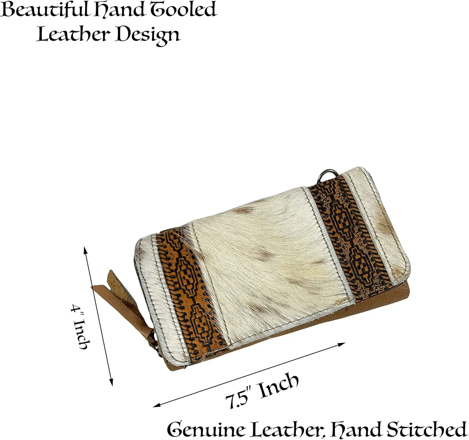 Urbalabs Cowhair Genuine Leather Women Western Wallets Tri Fold and Pouch Clutch Bag Leather Fringe Purse Cell Phone Holder Tooled Wallet For Women Cowgirl Small Clutch Hand Stitched (White Brown)