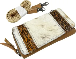 Urbalabs Cowhair Genuine Leather Women Western Wallets Tri Fold and Pouch Clutch Bag Leather Fringe Purse Cell Phone Holder Tooled Wallet For Women Cowgirl Small Clutch Hand Stitched (White Brown)