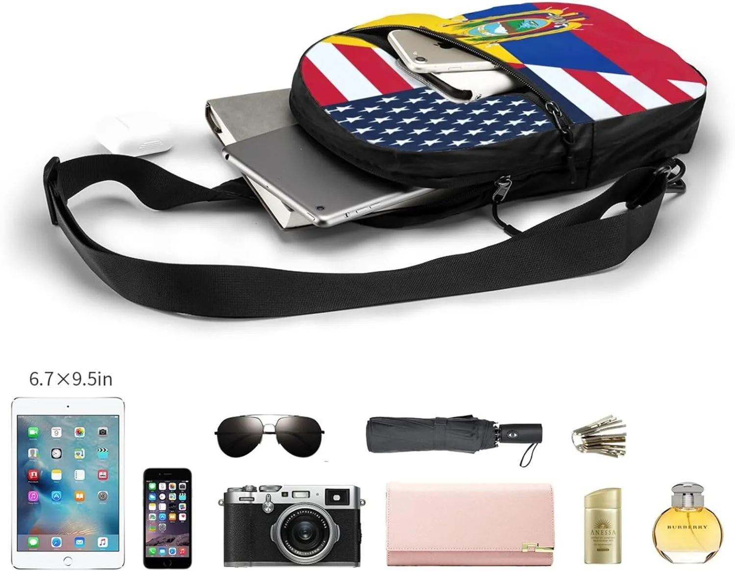 USA Ecuador Combination Flag Packable Crossbody Bag Portable Sling Bags Foldable Travel Daypack Reusable Sports Shoulder Backpack Diagonally Chest Bag for Workout