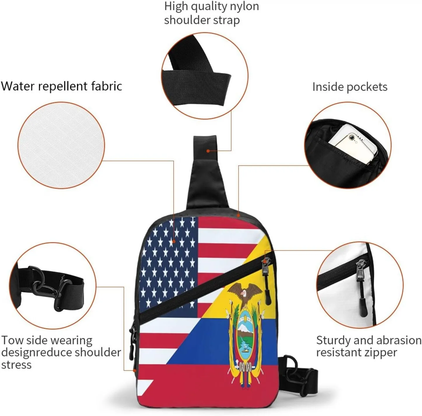 USA Ecuador Combination Flag Packable Crossbody Bag Portable Sling Bags Foldable Travel Daypack Reusable Sports Shoulder Backpack Diagonally Chest Bag for Workout