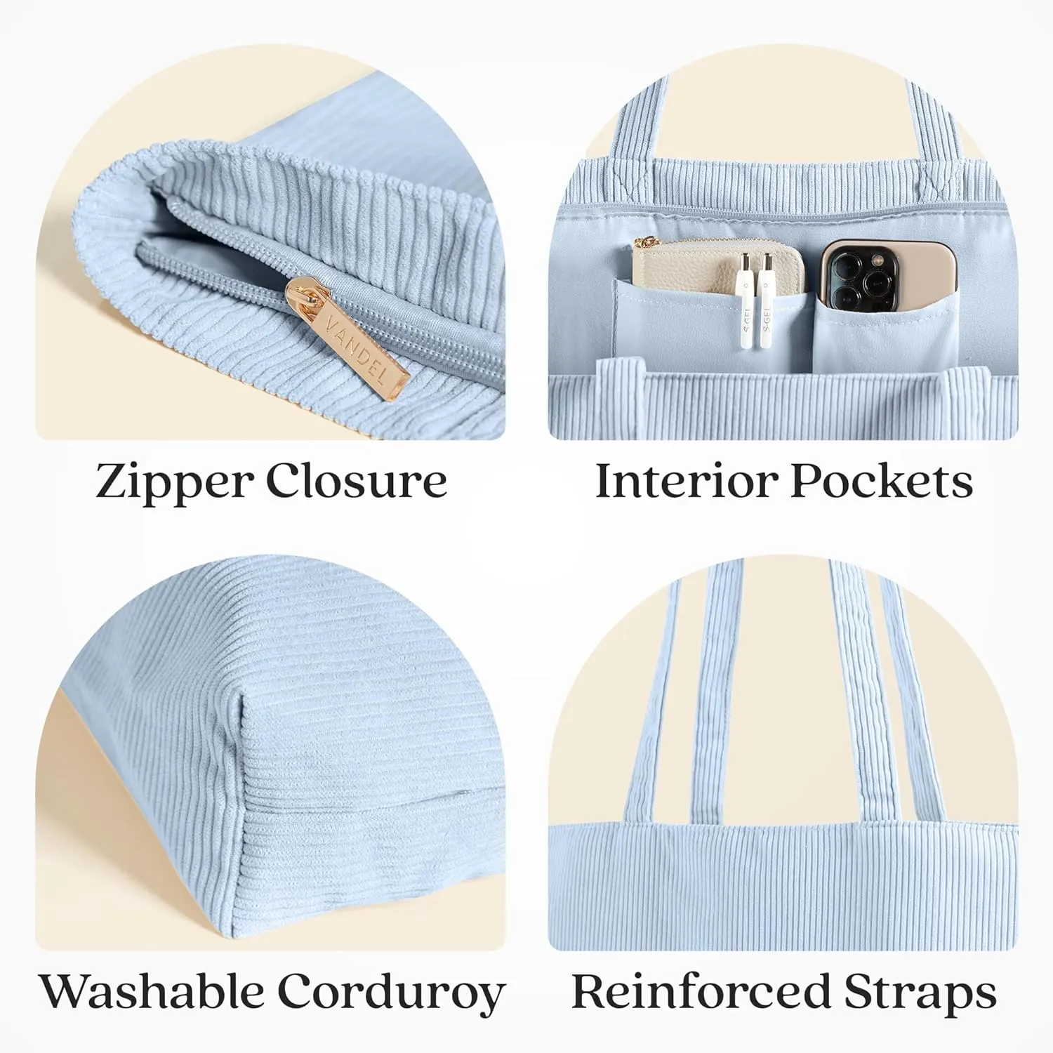 VANDEL Corduroy Tote Bag for Women and Men with Zipper and Inner Pockets. Cute School Tote Bag with Zipper, Aesthetic