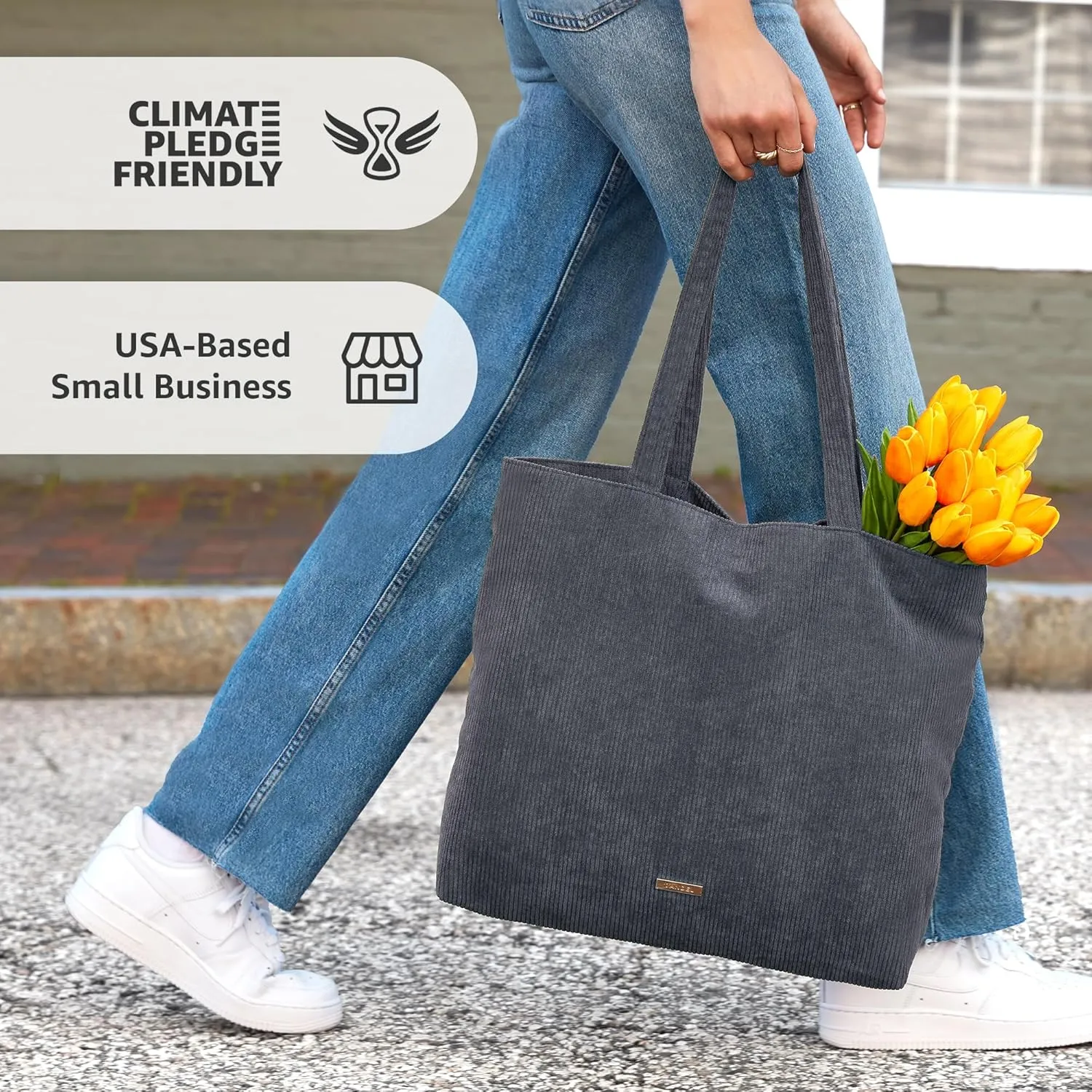 VANDEL Corduroy Tote Bag for Women and Men with Zipper and Inner Pockets. Cute School Tote Bag with Zipper, Aesthetic