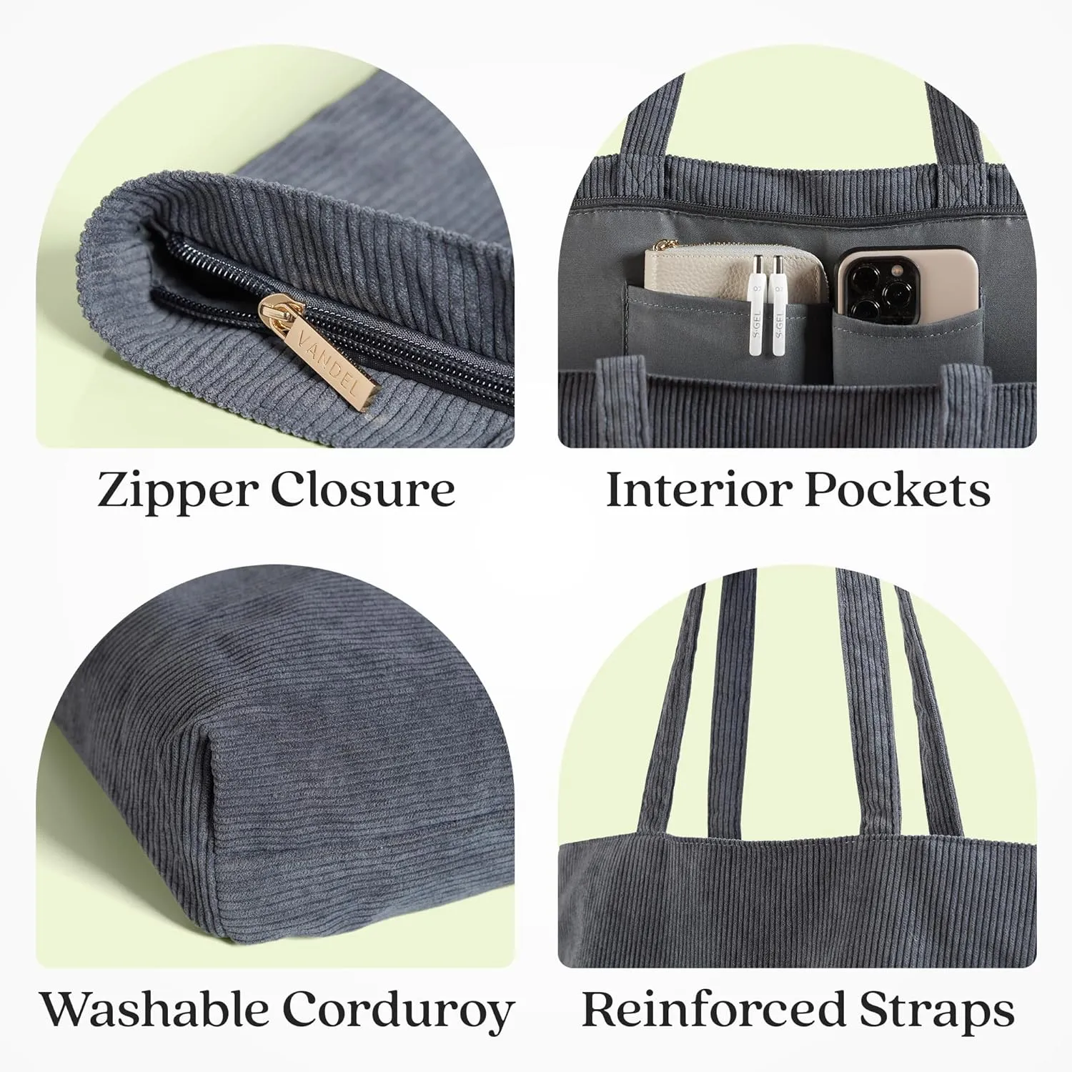 VANDEL Corduroy Tote Bag for Women and Men with Zipper and Inner Pockets. Cute School Tote Bag with Zipper, Aesthetic