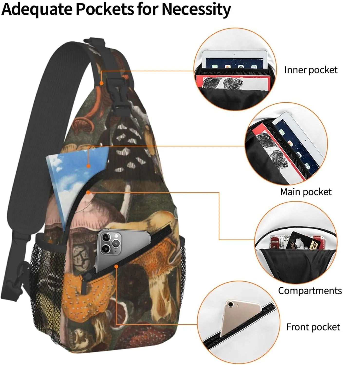 Various Different Beautiful Mushrooms Chest Sling Bag Crossbody Shoulder Backpack Bag Gym Cycling Daypack Travel Hiking Cross Bag