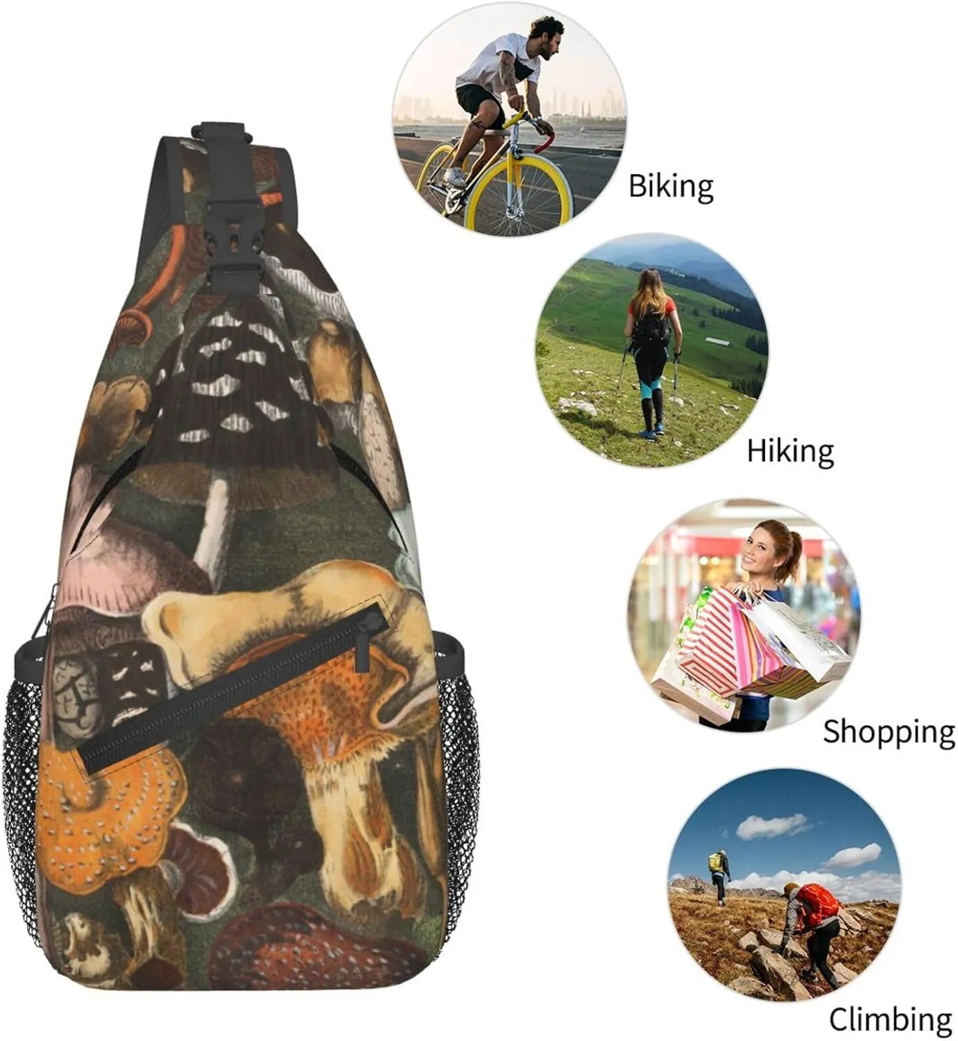 Various Different Beautiful Mushrooms Chest Sling Bag Crossbody Shoulder Backpack Bag Gym Cycling Daypack Travel Hiking Cross Bag