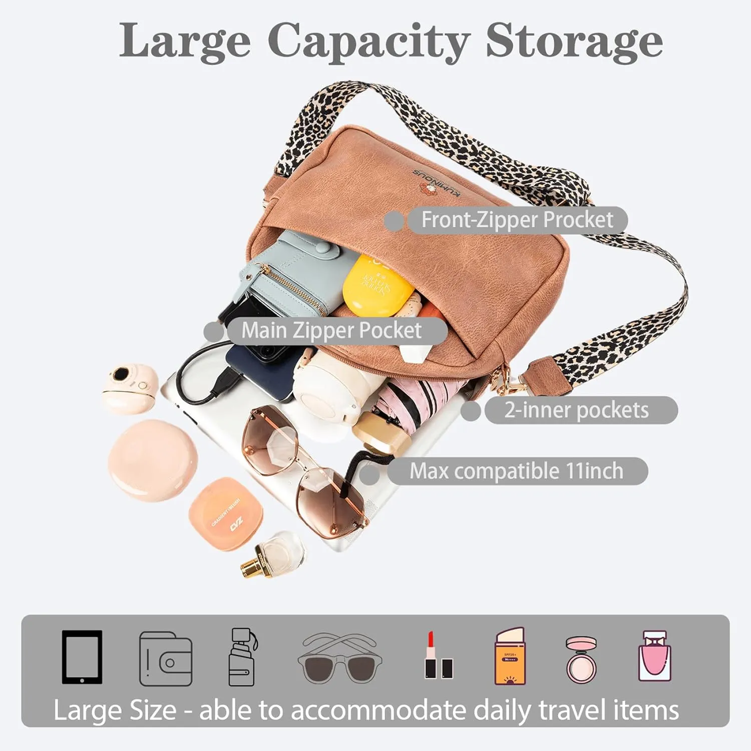 Vegan Leather Crossbody Bags for Women,Large Capacity Cross Body Purses Women Wide Strap Shoulder Handbag