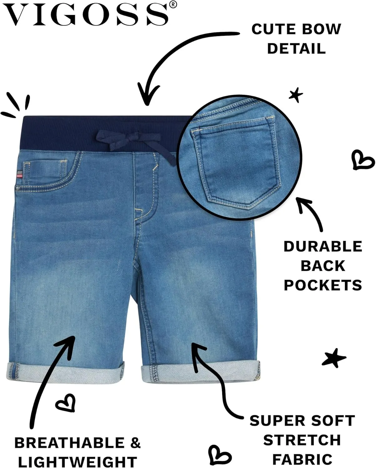 VIGOSS Girls’ Shorts – Bermuda Jean Shorts for Girls – Kids Knit-Waist Pull On Stretch Denim Shorts (4-16)