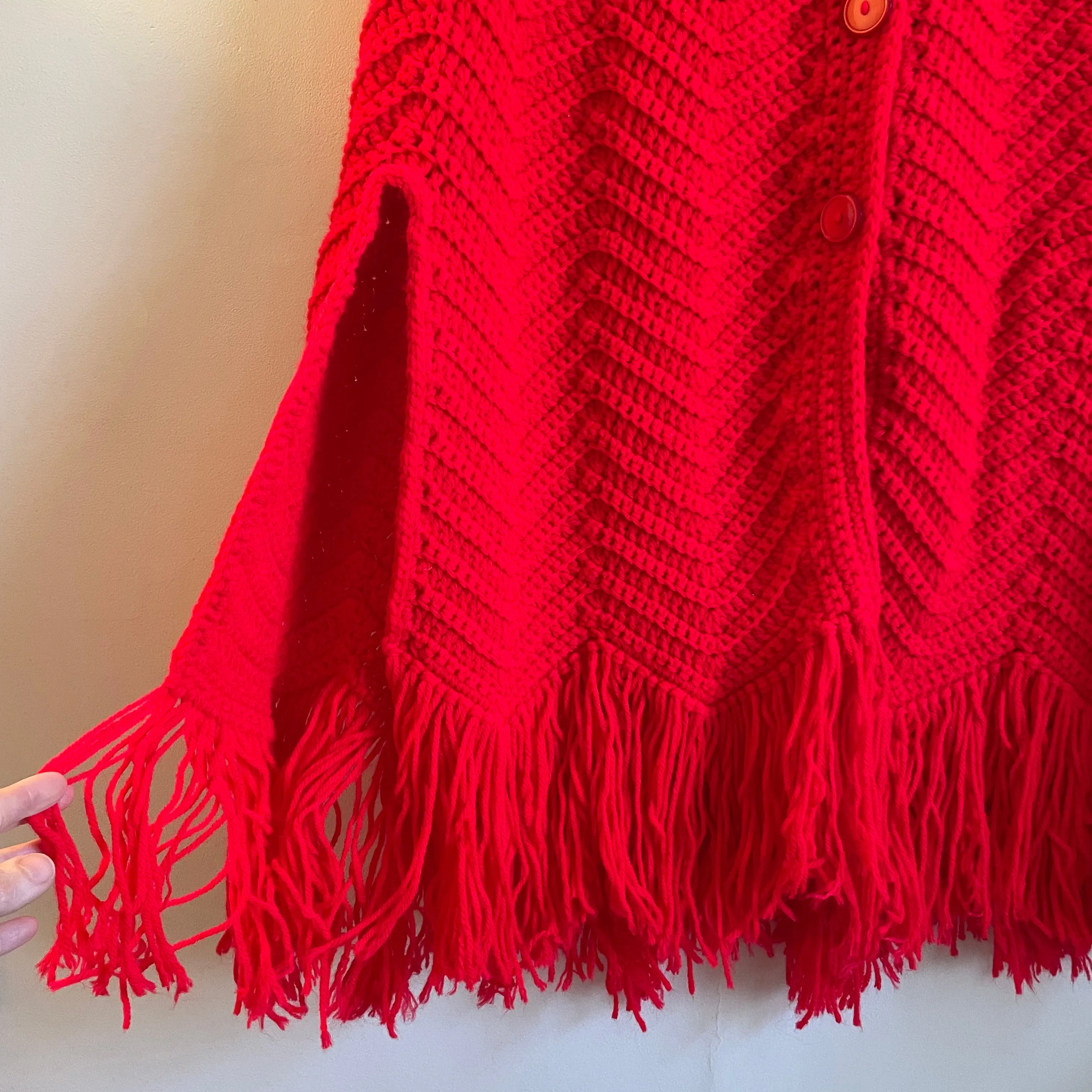 Vintage Handwoven Button up Sweater knit Cape /Poncho with Fringe // OSFM