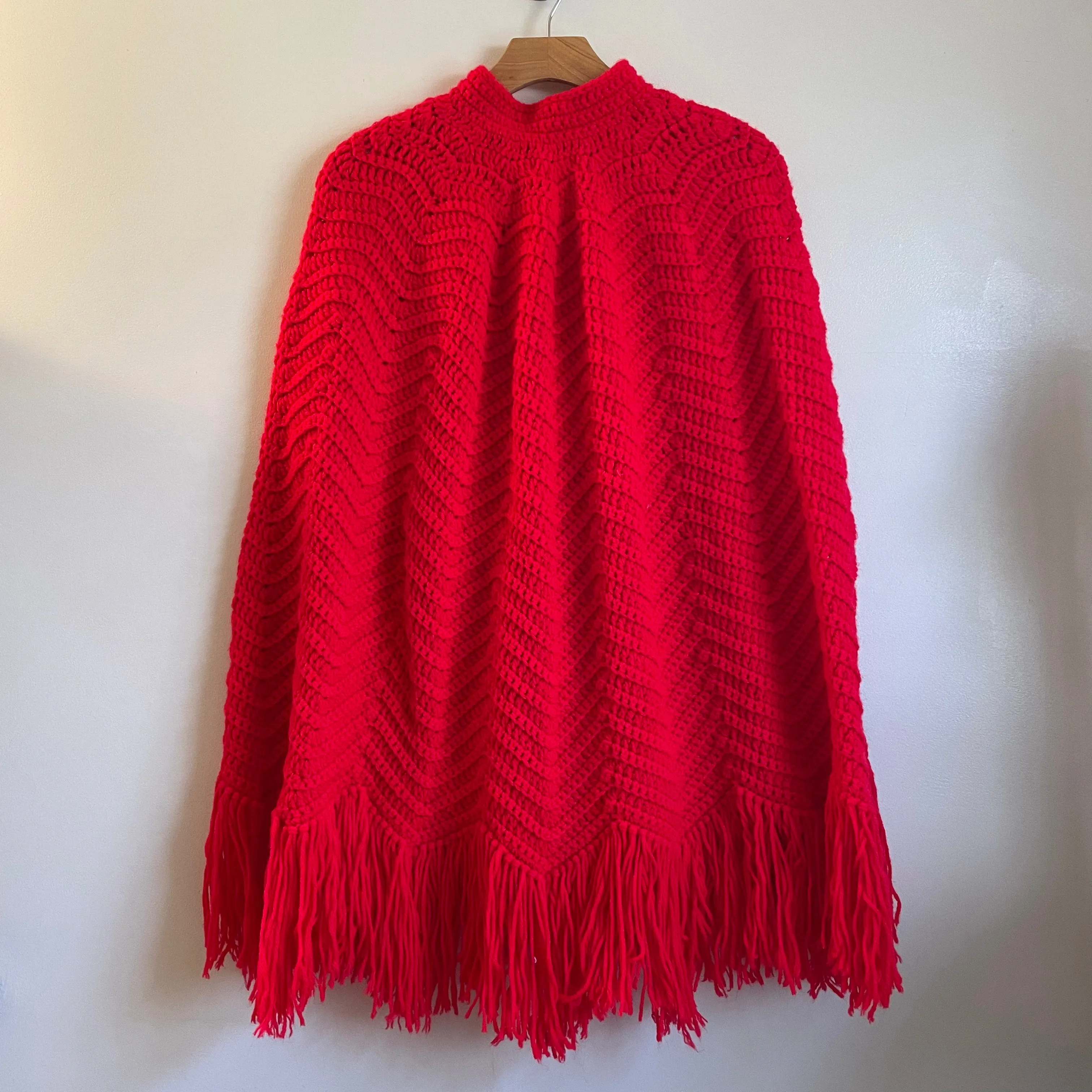 Vintage Handwoven Button up Sweater knit Cape /Poncho with Fringe // OSFM