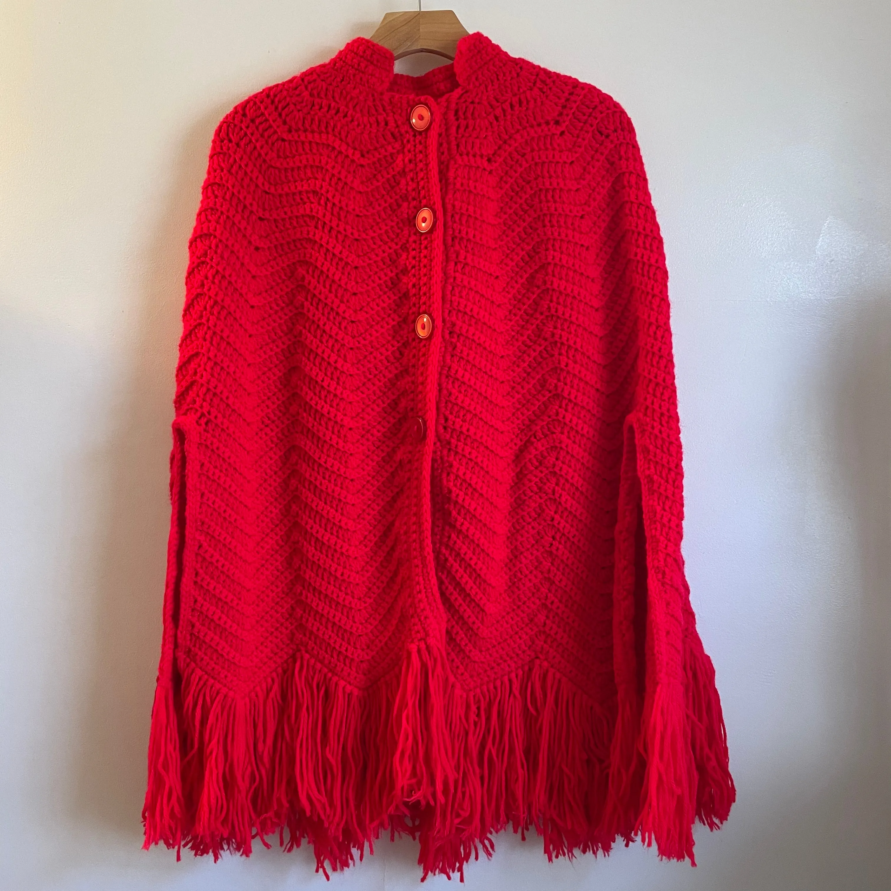 Vintage Handwoven Button up Sweater knit Cape /Poncho with Fringe // OSFM