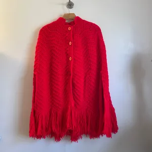 Vintage Handwoven Button up Sweater knit Cape /Poncho with Fringe // OSFM
