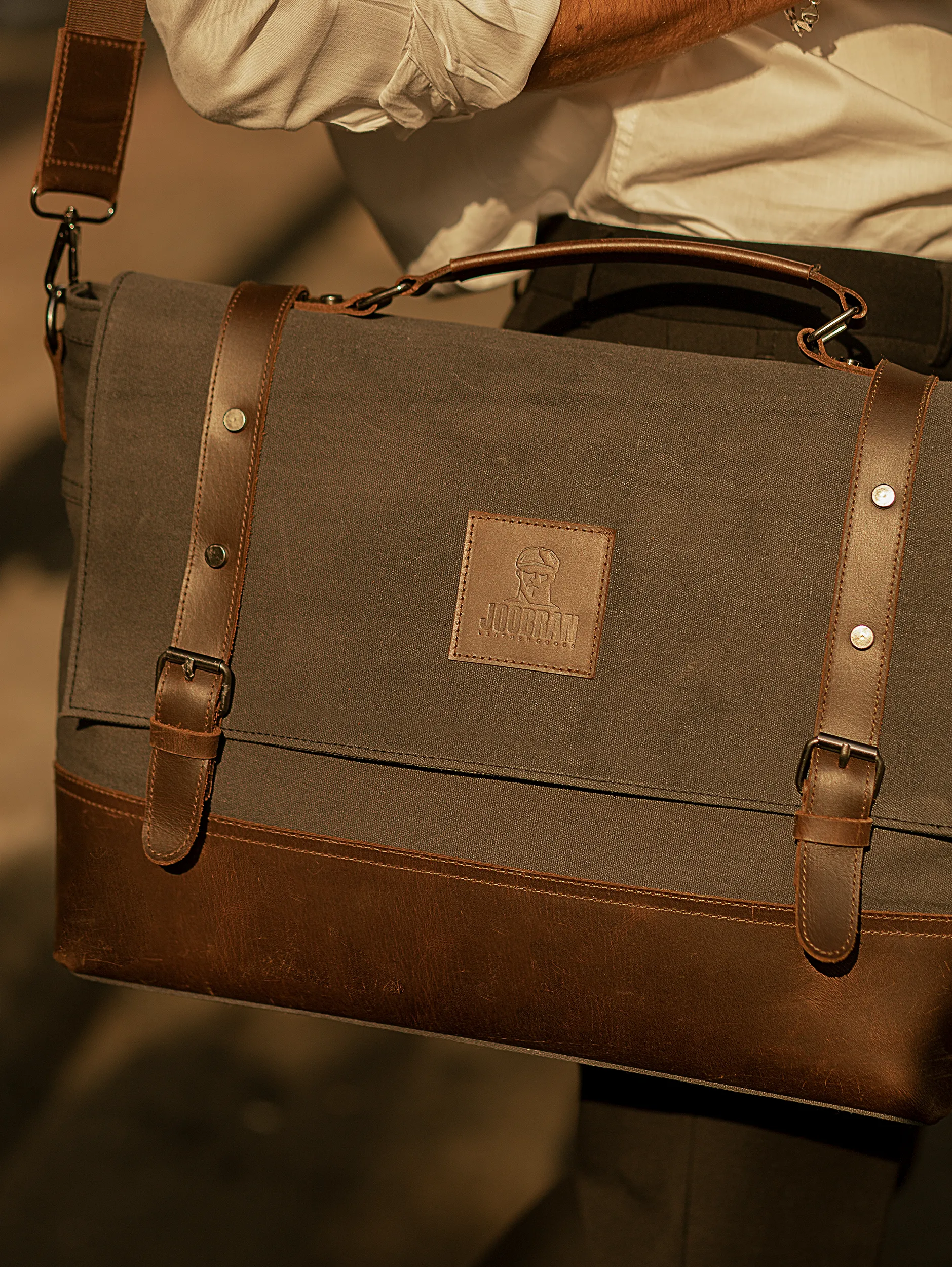 Vintage Work Satchel ''100% Cotton canvas & Cow leather'' – Dark Grey