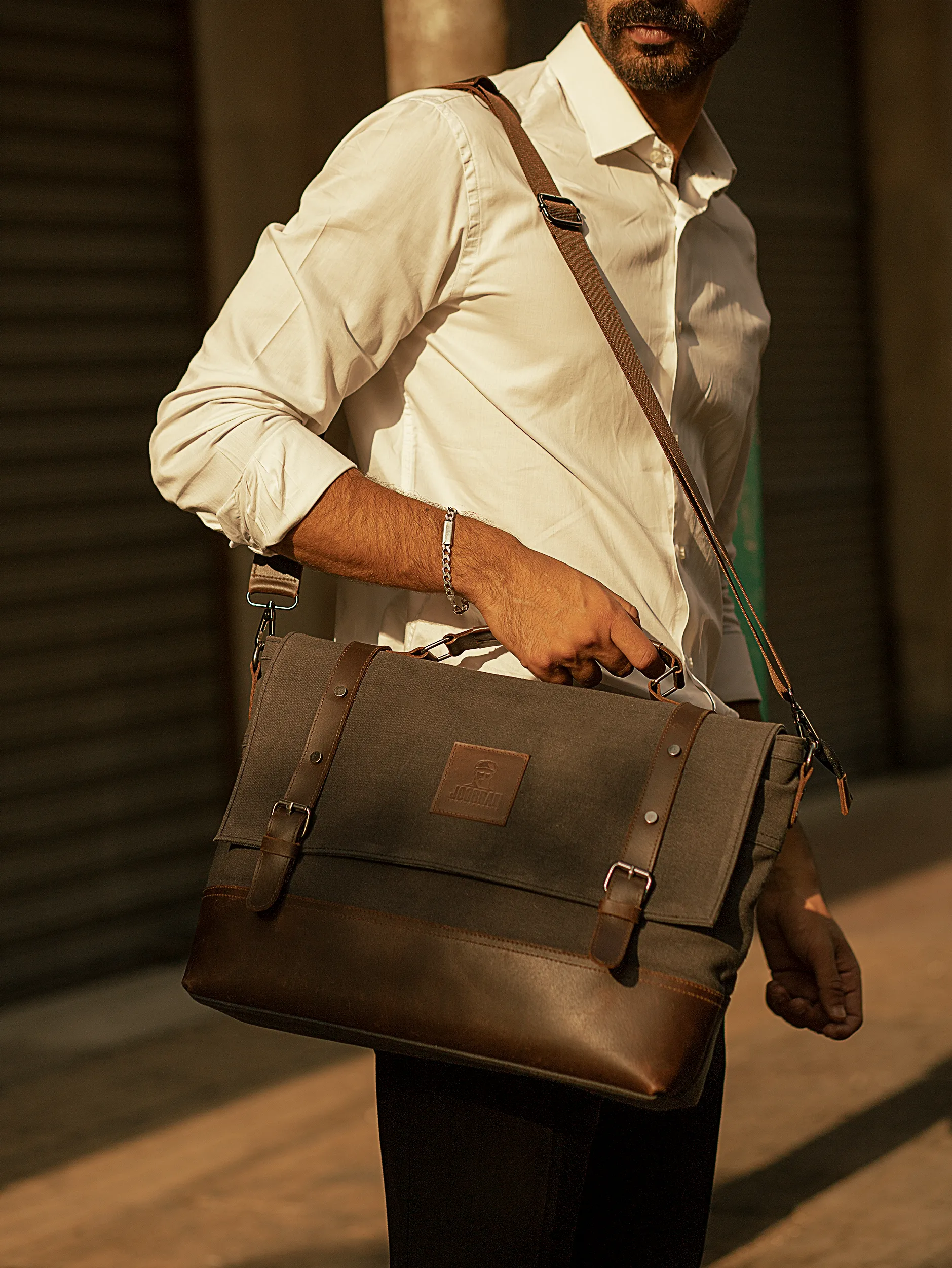 Vintage Work Satchel ''100% Cotton canvas & Cow leather'' – Dark Grey