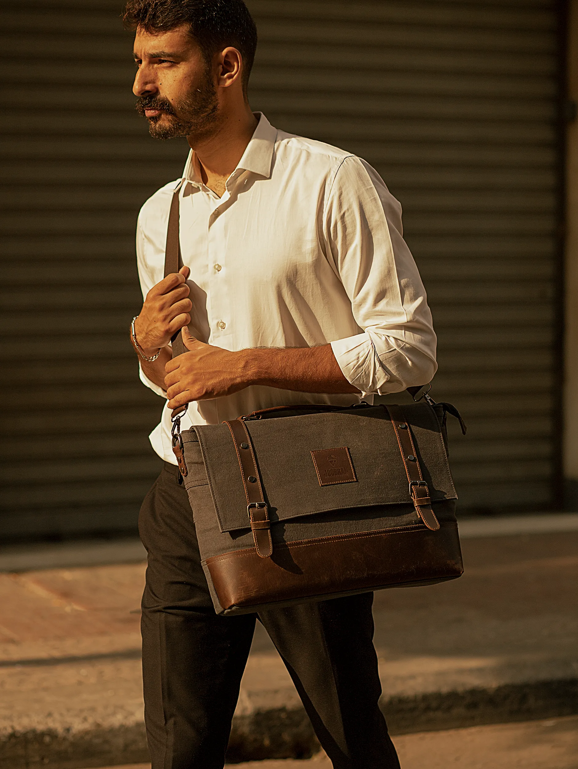 Vintage Work Satchel ''100% Cotton canvas & Cow leather'' – Dark Grey