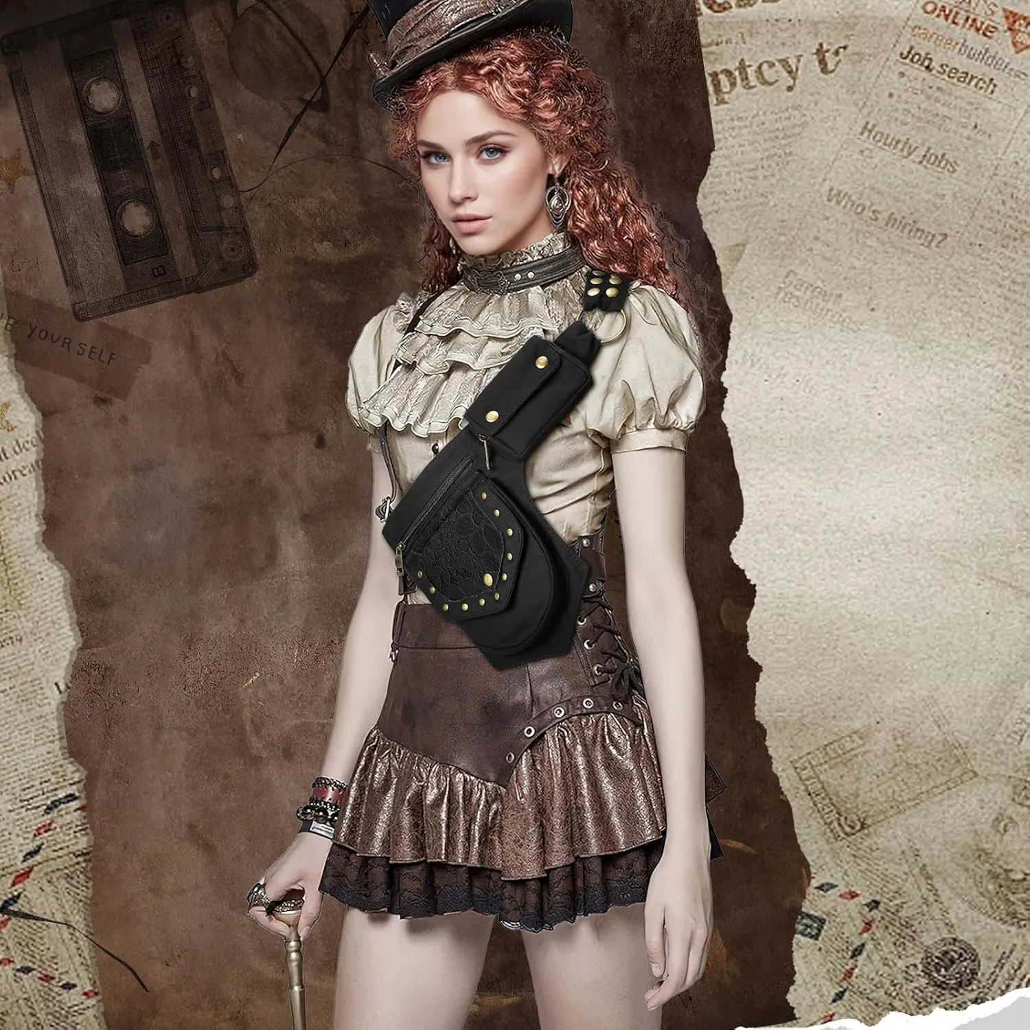 Waist Bag Pouch for Women Vintage Waist pack Hip Bag Fanny Bag Renaissance Faire Festival Chest Pack with Adjustable Belt Strap