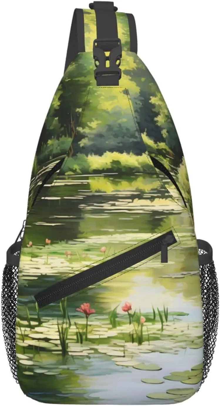 Water Lilies in the Pond Patterned multifunctional crossbody chest bag, suitable for casual hiking, unisex, convenient travel backpack