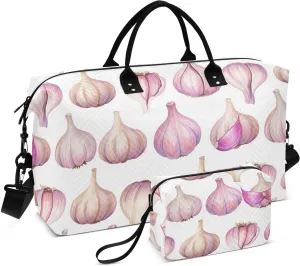 Watercolor Garlic Bulbs White Sports Gym Bag for Women Men Travel Duffel Bag Weekend Overnight Carry on Bag with Toiletry Bag Training Handbag for Plane Hospital Workout Swimming Yoga