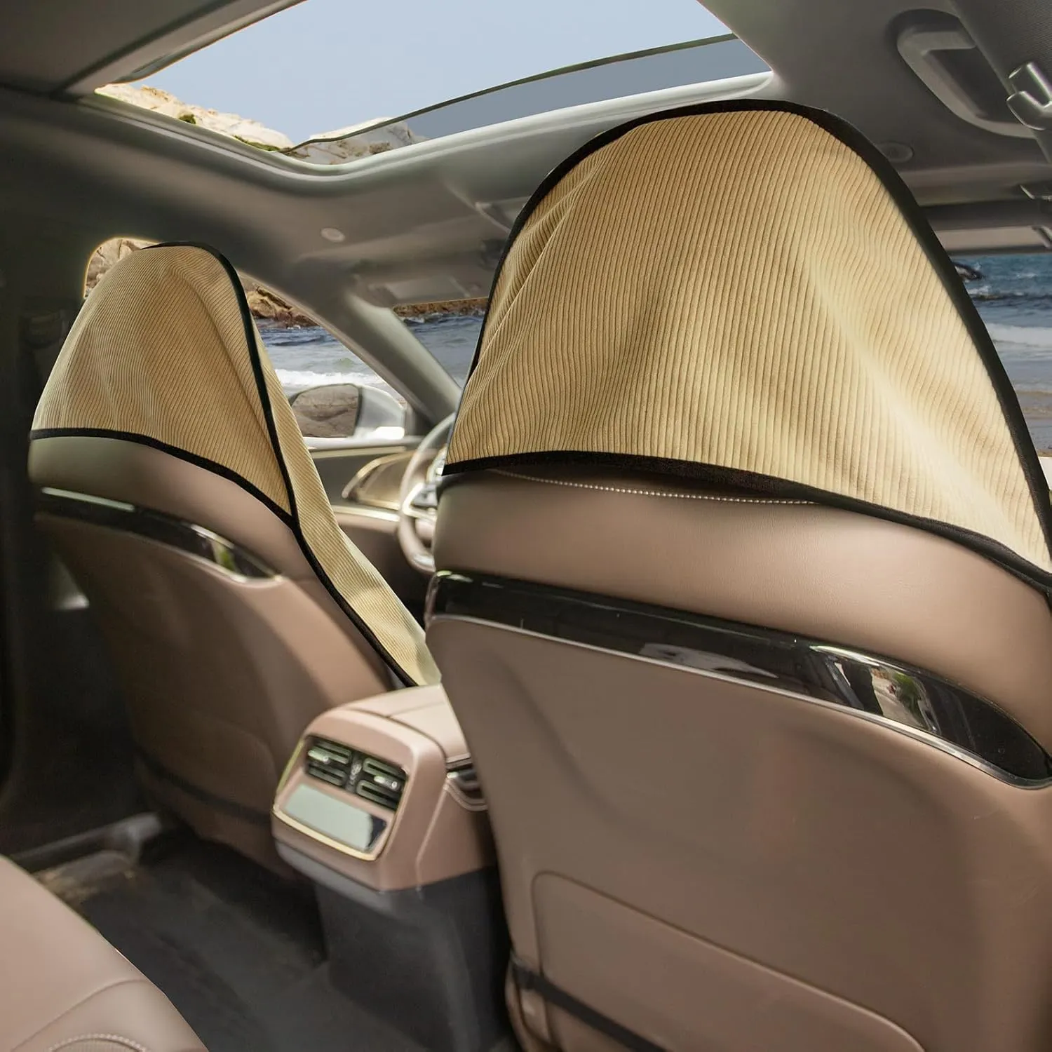 Waterproof Car Seats Covers 2pcs Beige - Universal Car Seats Cushion for Sedan SUV Truck Front OR Back Seat - Anti-Slip Auto Seats Protector Suit for After Yoga Gym Biking Running Workout