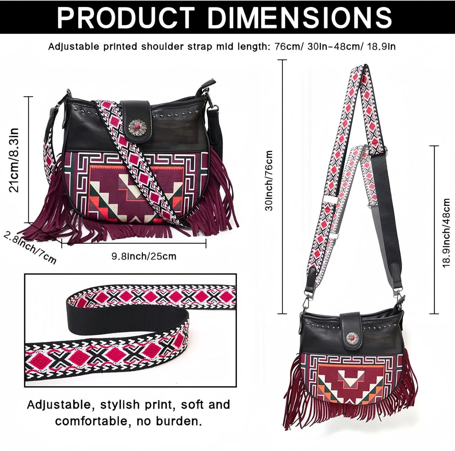 Western Crossbody Handbag for Women, PU Leather Vintage Hobo Fringe Tassel Shoulder Bag