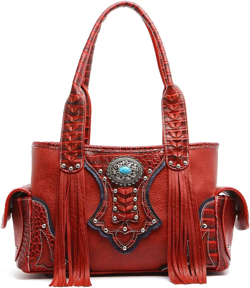 Western Style Cowgirl Woven Fringe Crocodile Gorgeous Purse Conchos Tote Country Women Handbag Shoulder Bags Wallet Set