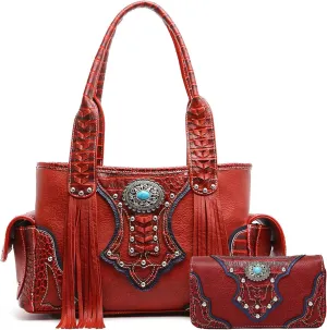 Western Style Cowgirl Woven Fringe Crocodile Gorgeous Purse Conchos Tote Country Women Handbag Shoulder Bags Wallet Set