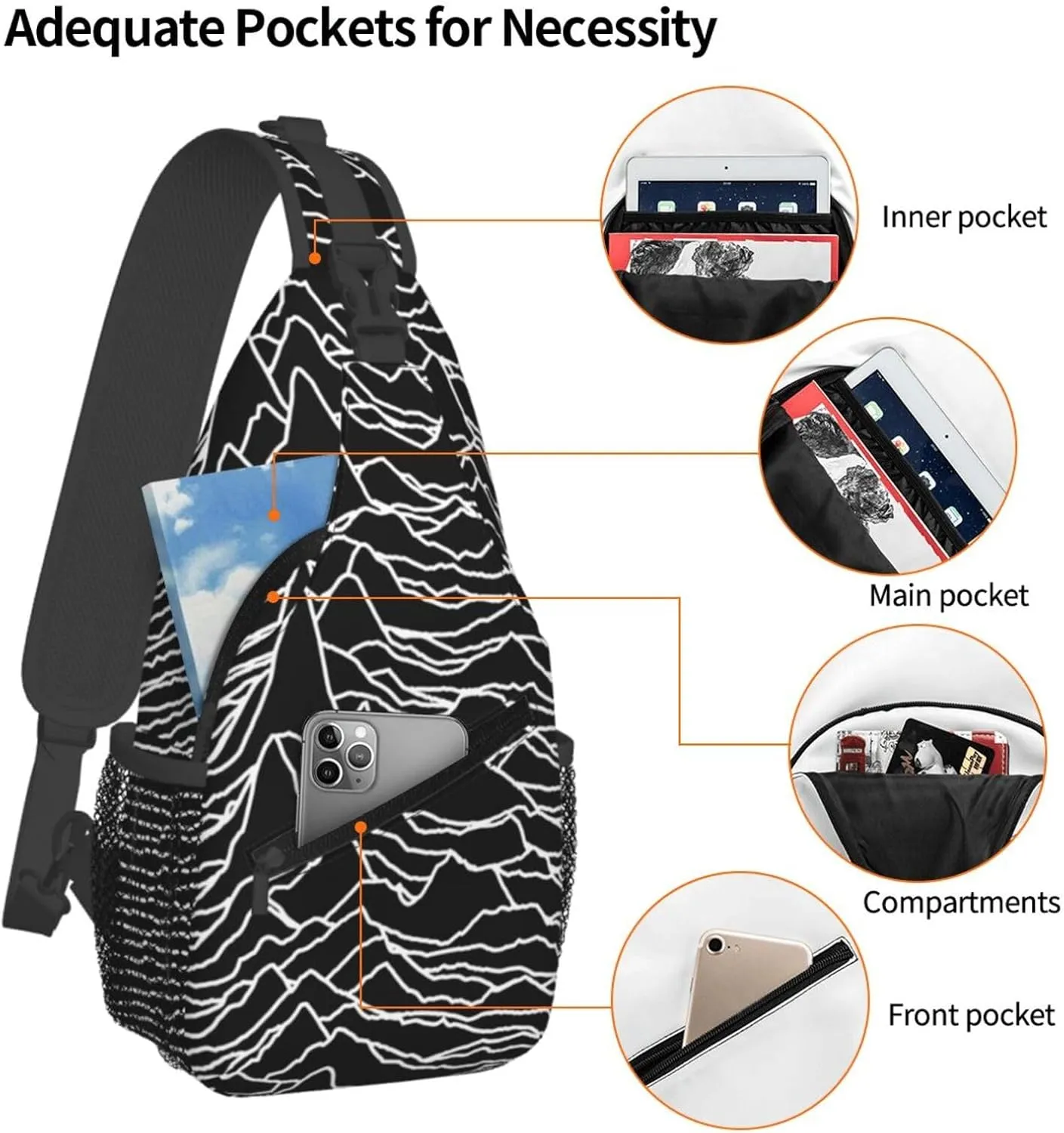White Lines Compose Mountains Chest Sling Bag Crossbody Shoulder Backpack Bag Gym Cycling Travel Hiking Daypack Cross Bag