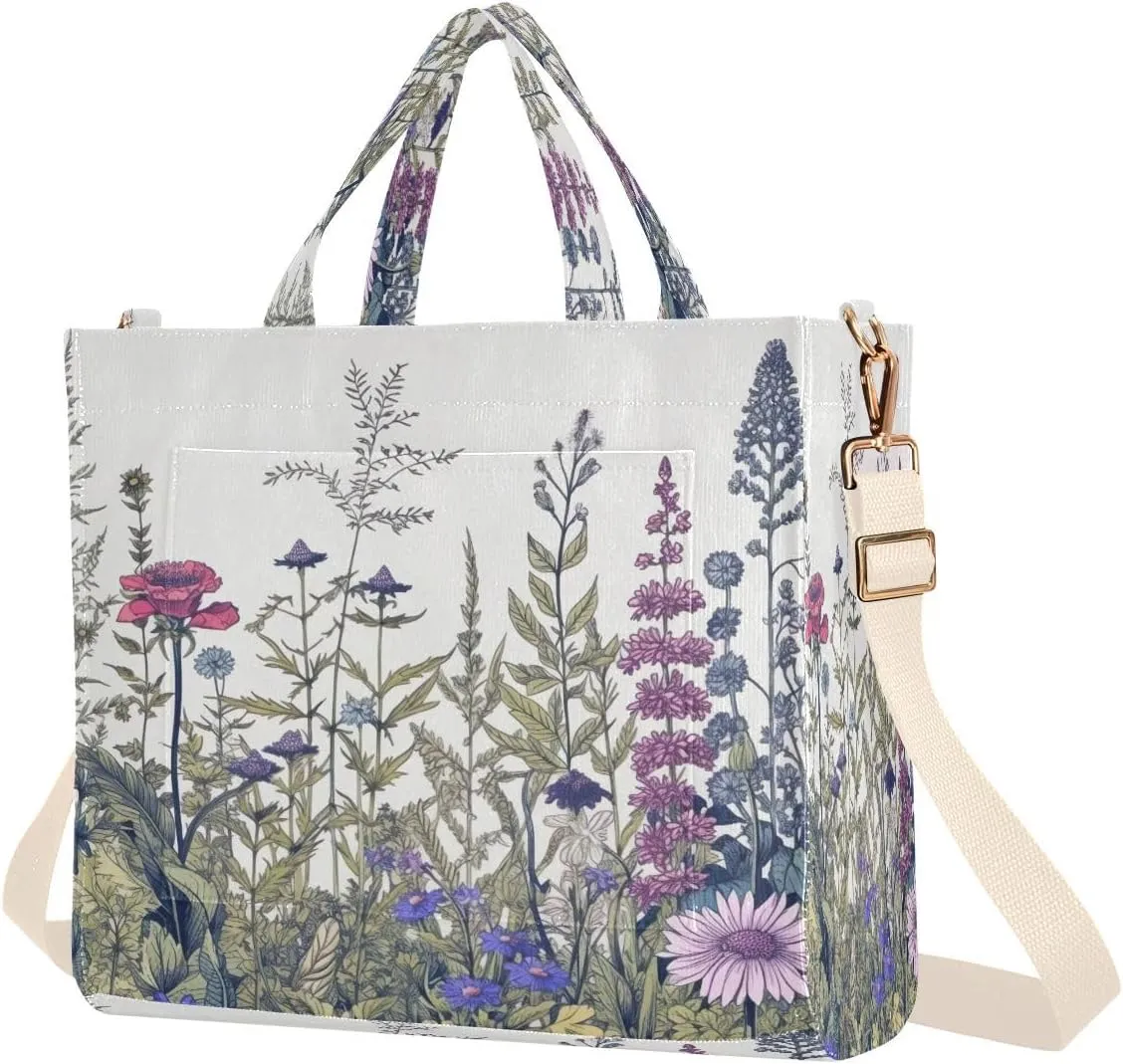Wildflowers and Herbs Corduroy Tote Bag for Women Hobo Crossbody Bag Purse Stylish Shoulder Handbag Messenger Bags, S