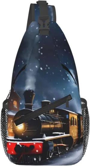 Winter Christmas Snow Night Railway Train Print Sling Bag Crossbody Travel Hiking Chest Backpack Shoulder Daypack For Women Men