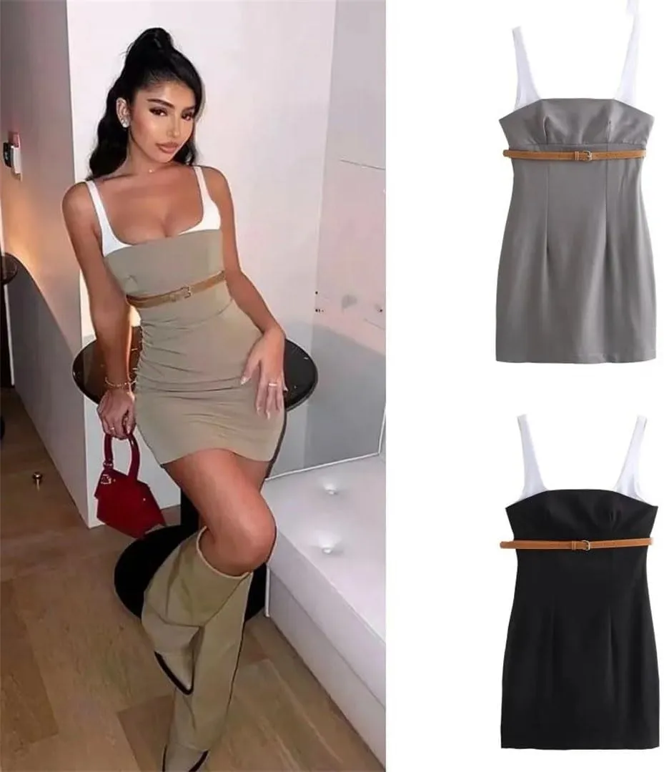 Woman Belt Slip Mini Dress Sleeveless Bodycon Short for Backless Sexy Party Patchwork Dresses