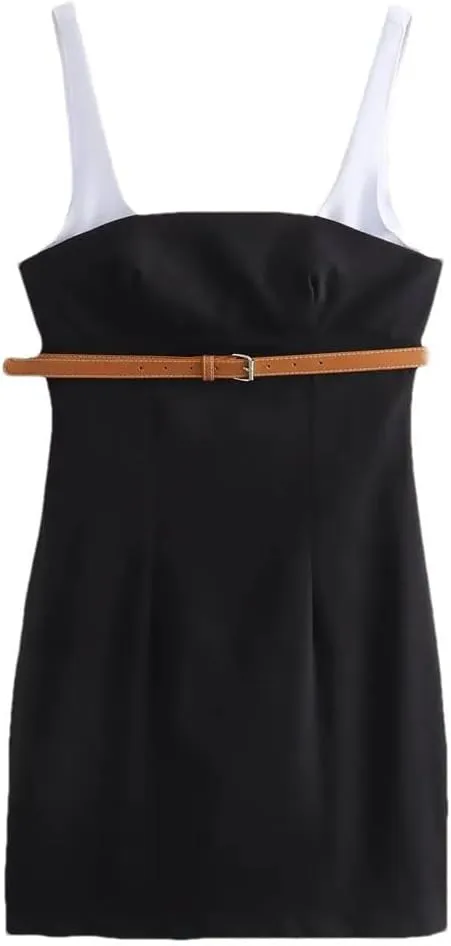 Woman Belt Slip Mini Dress Sleeveless Bodycon Short for Backless Sexy Party Patchwork Dresses