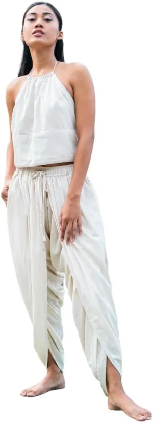 women Akasha Yoga Set Of 2 (Top & Pants) 100% Cotton Backless Top With Thread Ties Mid Waist Dhoti Style Pants Elasticised Back Tapered Fit | Size : M White