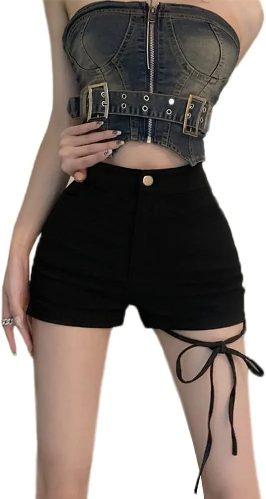 Women Black Punk Gothic Shorts Metal Hollow Out High Waist Sexy Rock Hot Shorts for Club Cosplay Party Dance