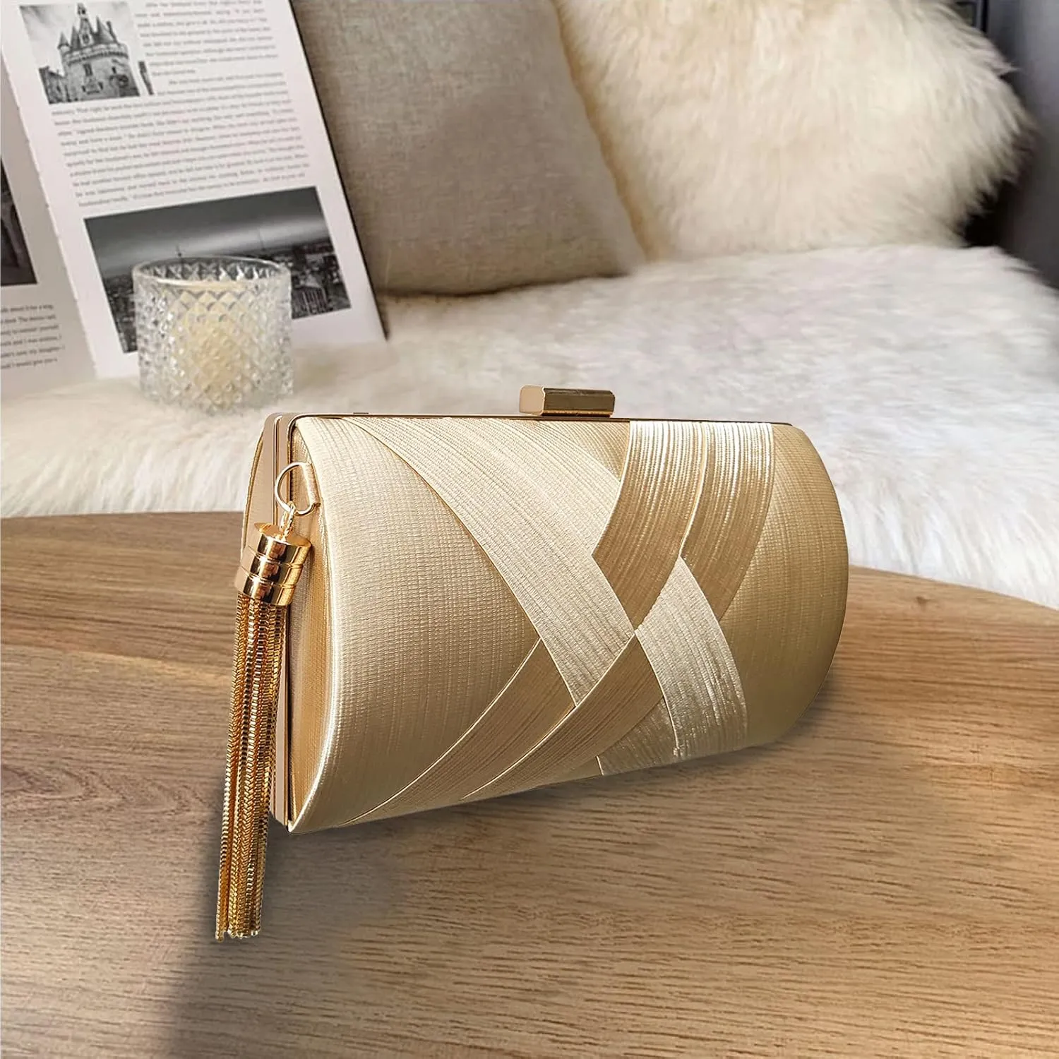 Women Clutch Bag Evening Bag with Tassel Pendant Bridal Wedding Purse Ladies Shoulder Bag With Detachable Chain