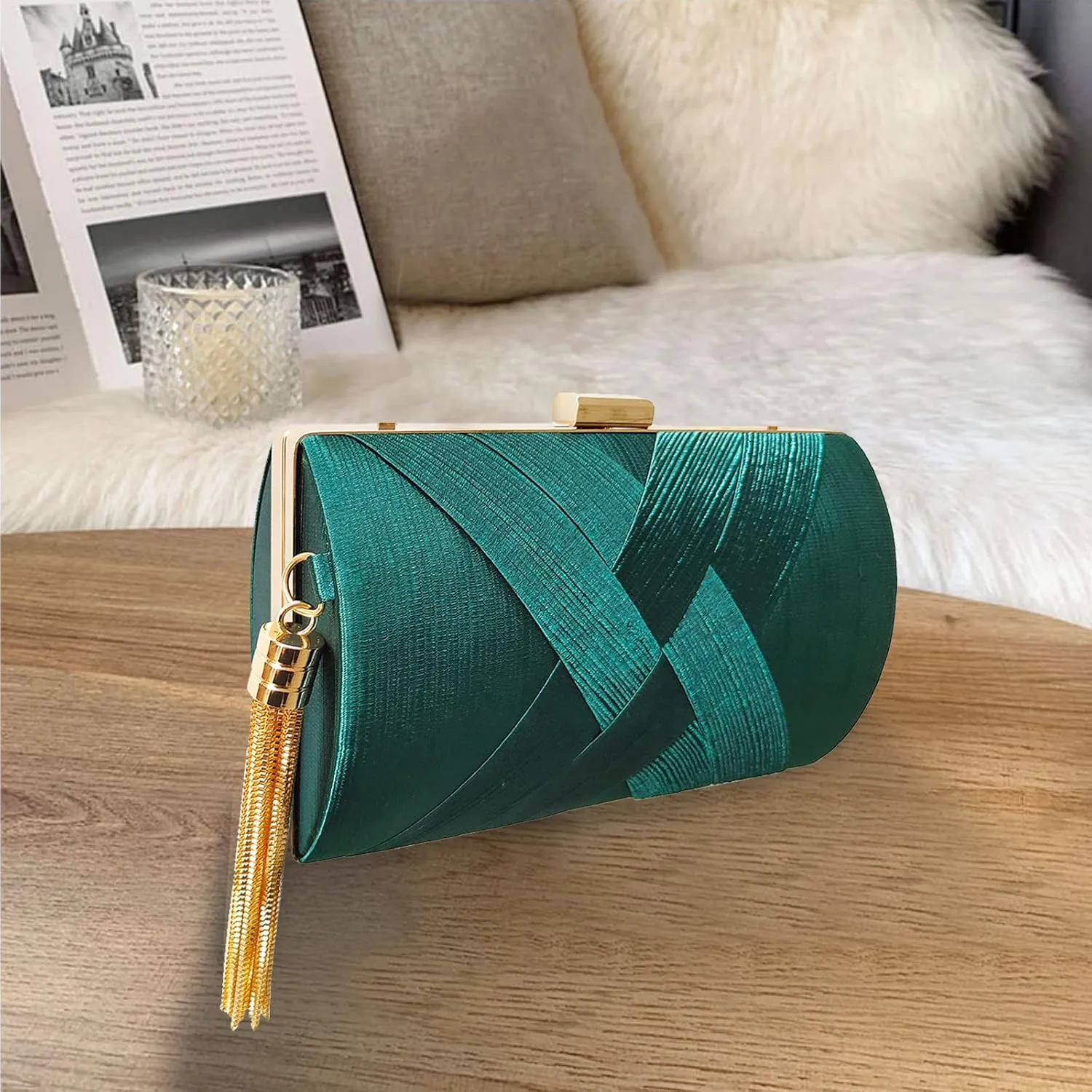 Women Clutch Bag Evening Bag with Tassel Pendant Bridal Wedding Purse Ladies Shoulder Bag With Detachable Chain