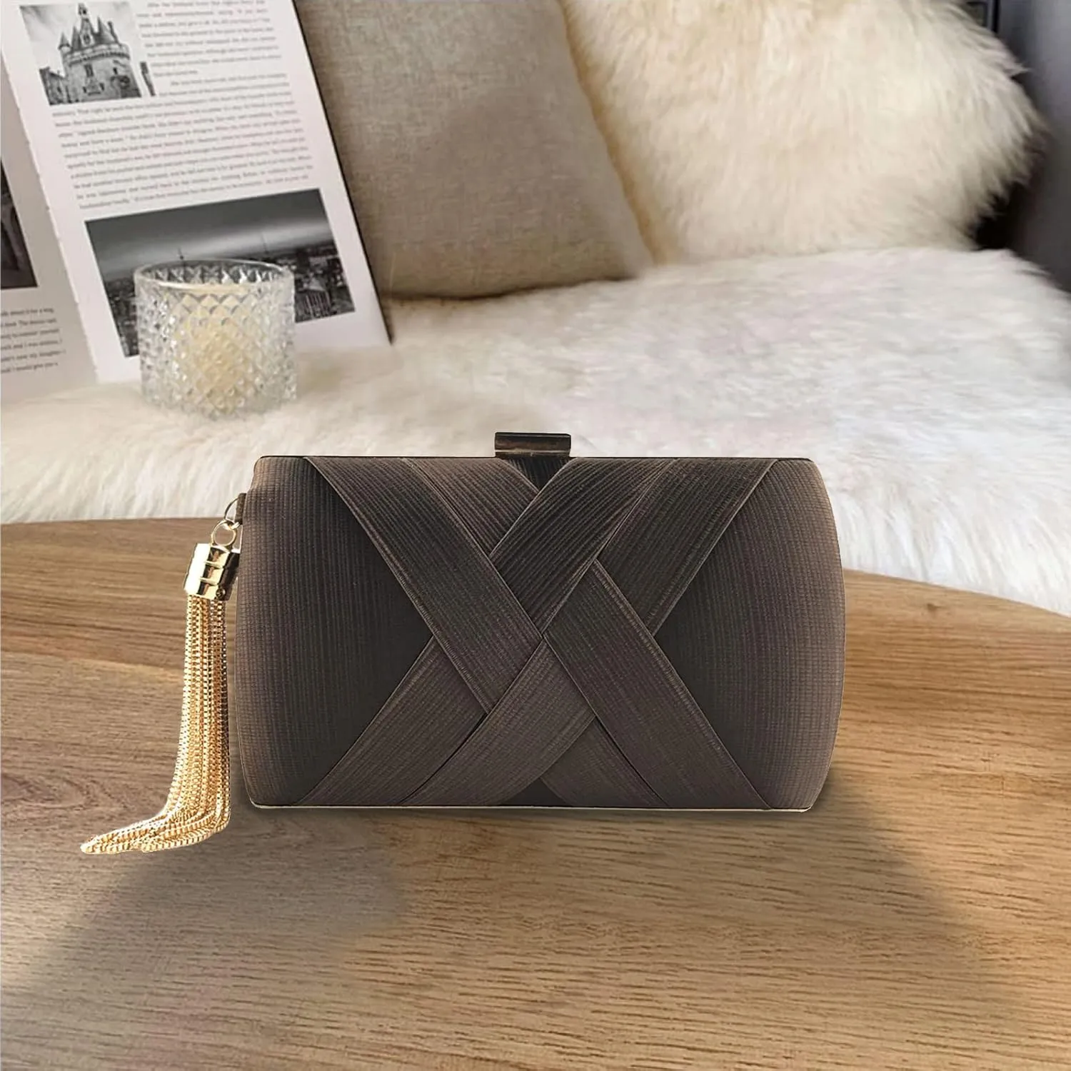 Women Clutch Bag Evening Bag with Tassel Pendant Bridal Wedding Purse Ladies Shoulder Bag With Detachable Chain