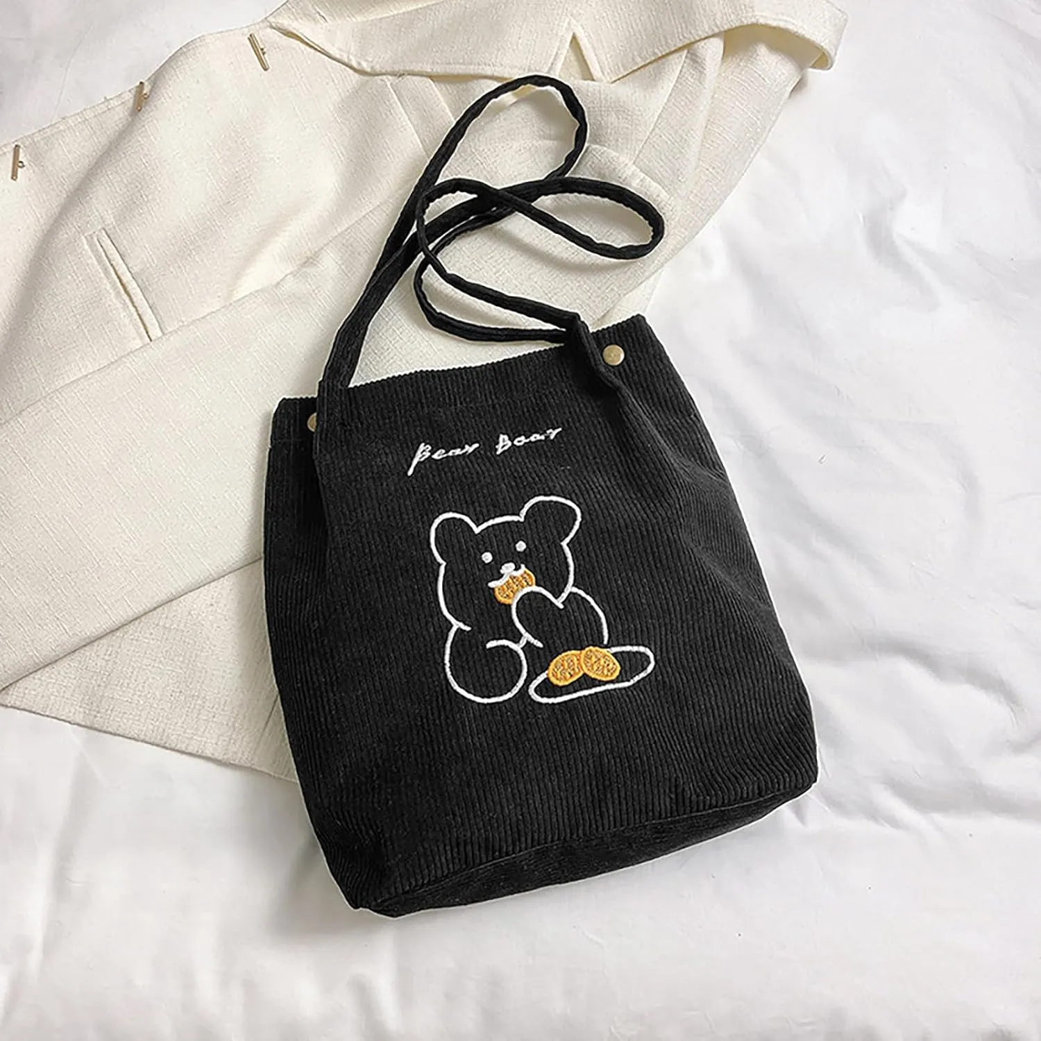 Women Corduroy Shoulder Bag Bear Pattern Ladies Casual Handbag Reusable Large Capacity Tote Bags Casual Female Shopping Bags