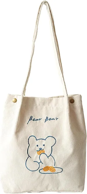 Women Corduroy Shoulder Bag Bear Pattern Ladies Casual Handbag Reusable Large Capacity Tote Bags Casual Female Shopping Bags