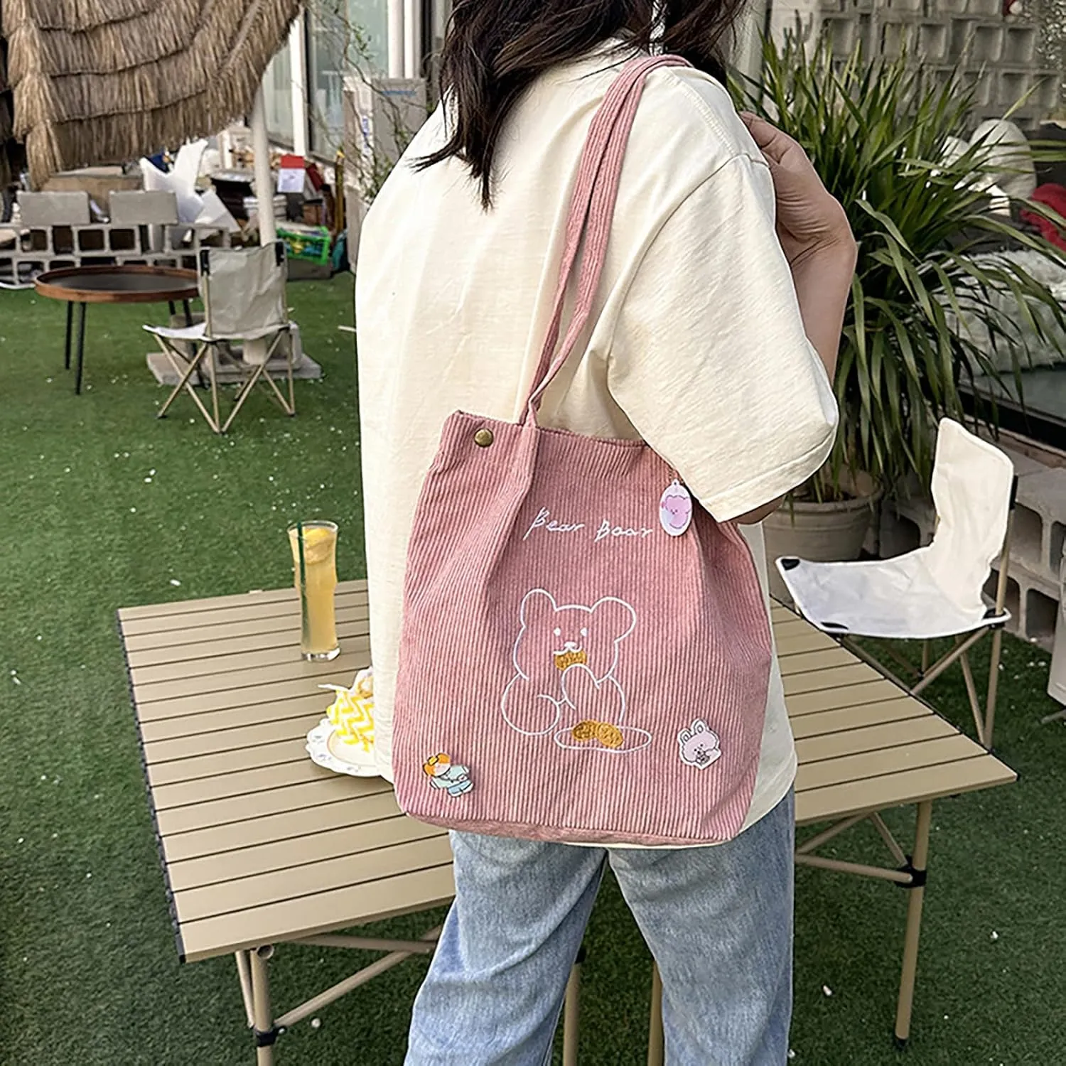 Women Corduroy Shoulder Bag Bear Pattern Ladies Casual Handbag Reusable Large Capacity Tote Bags Casual Female Shopping Bags