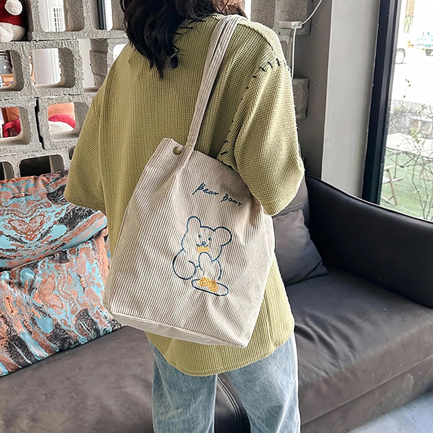 Women Corduroy Shoulder Bag Bear Pattern Ladies Casual Handbag Reusable Large Capacity Tote Bags Casual Female Shopping Bags