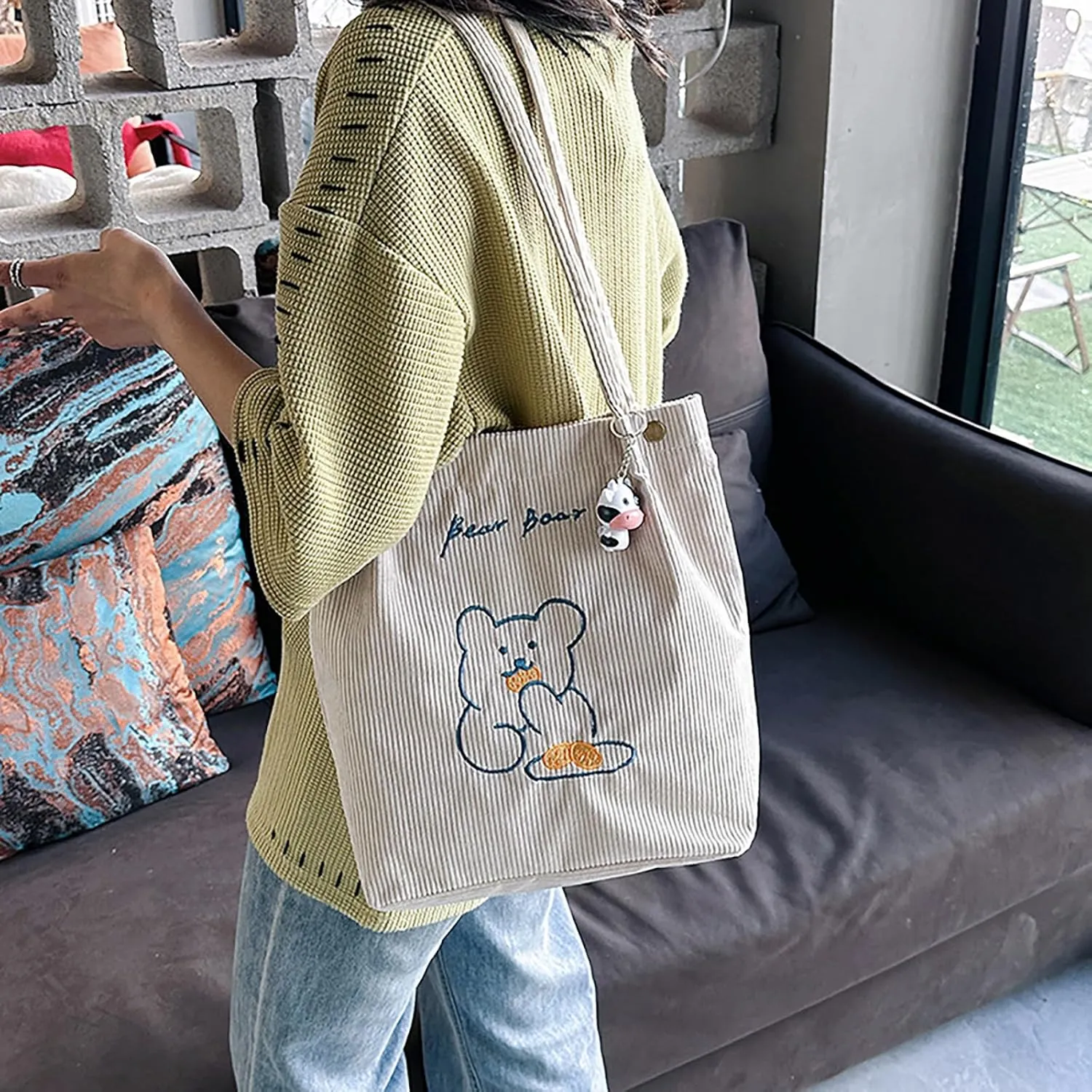 Women Corduroy Shoulder Bag Bear Pattern Ladies Casual Handbag Reusable Large Capacity Tote Bags Casual Female Shopping Bags