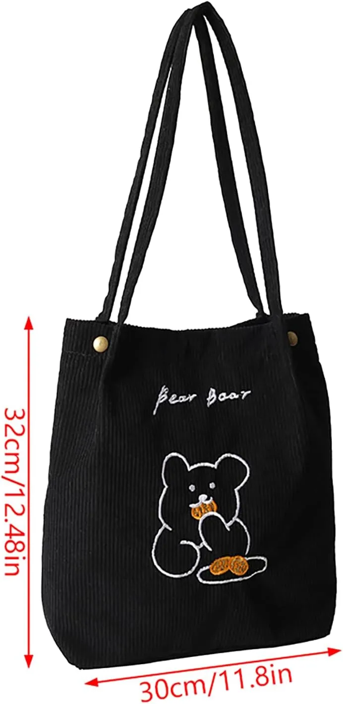 Women Corduroy Shoulder Bag Bear Pattern Ladies Casual Handbag Reusable Large Capacity Tote Bags Casual Female Shopping Bags