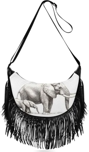 Women Crossbody Bag Fringe Hippie Purses Elephant Sketch Print, Western Tassel Bags with Adjustable Strap Fabric & PU Material