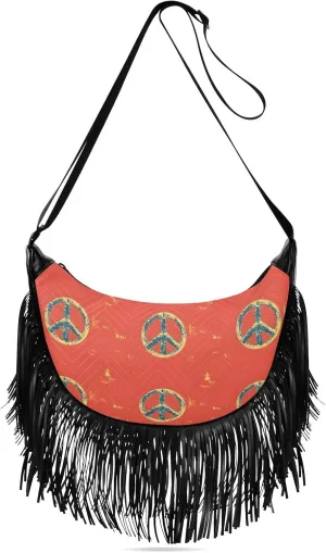 Women Crossbody Bag Fringe Hippie Purses Peace Sign Pattern Print, Western Tassel Bags with Adjustable Strap Fabric & PU Material