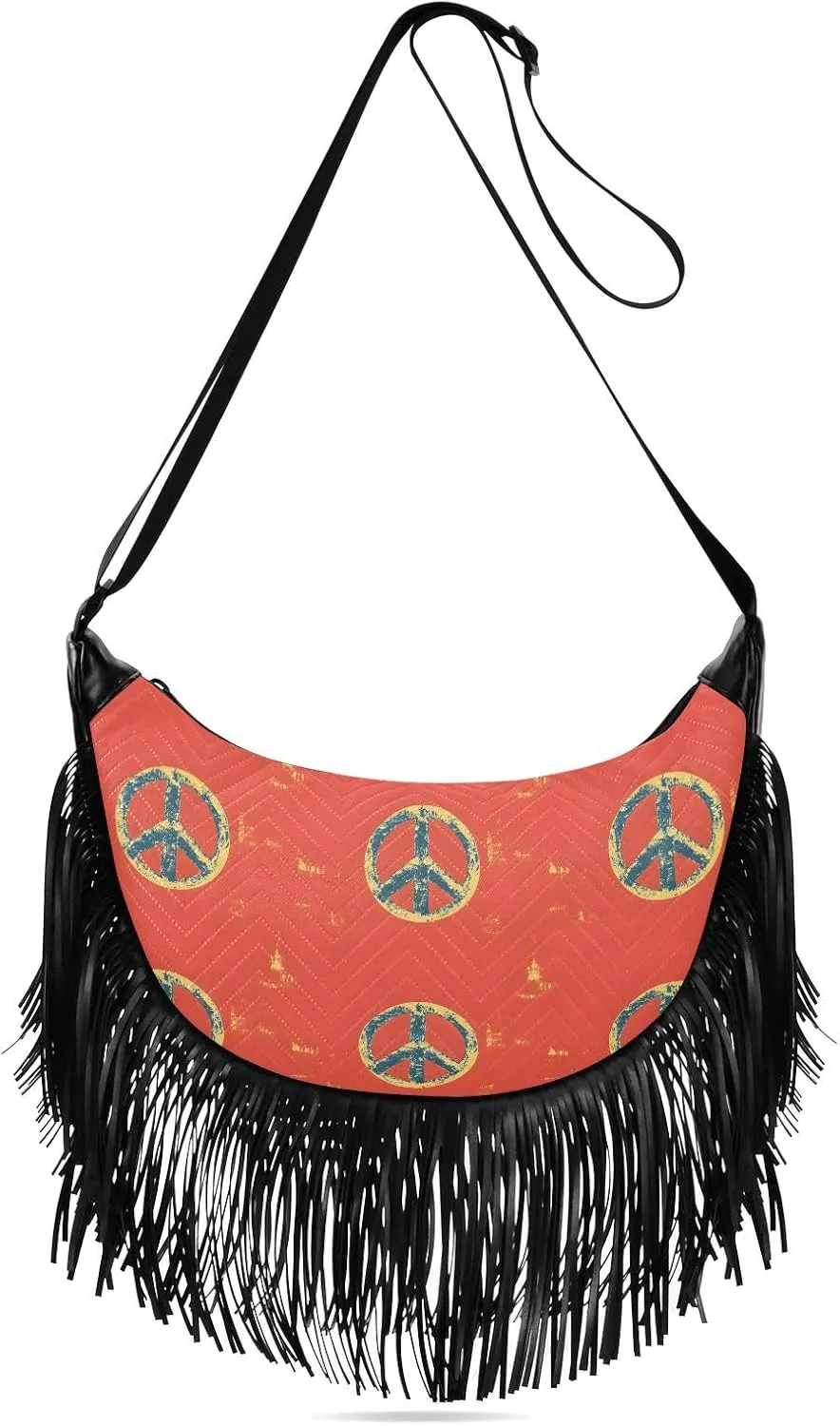 Women Crossbody Bag Fringe Hippie Purses Peace Sign Pattern Print, Western Tassel Bags with Adjustable Strap Fabric & PU Material