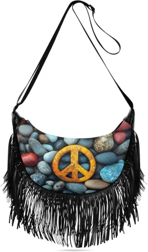 Women Crossbody Bag Fringe Hippie Purses Peace Sign Pebble Print, Western Tassel Bags with Adjustable Strap Fabric & PU Material