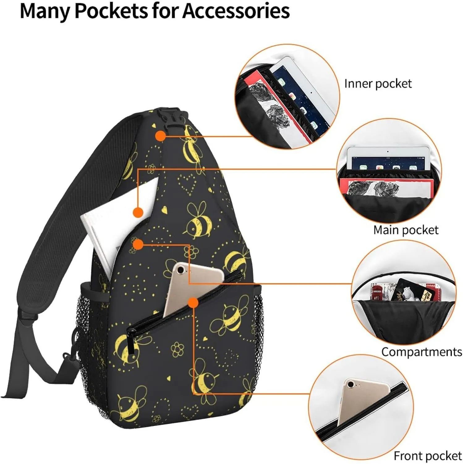 Women Doodle Bee Black Cute Pattern Crossbody Sling Backpack for Men Chest Bag Shoulder Bag Lightweight One Strap Backpack Travel Outdoor Daypack