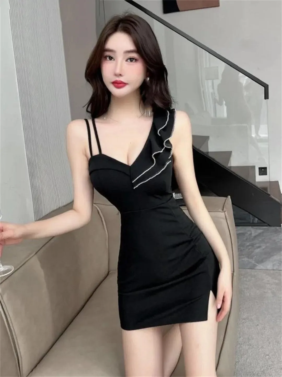 Women Dress Sexy Asymmetrical Ruffled Edge Patchwork Waist Tight Split Night Party Short Dresses
