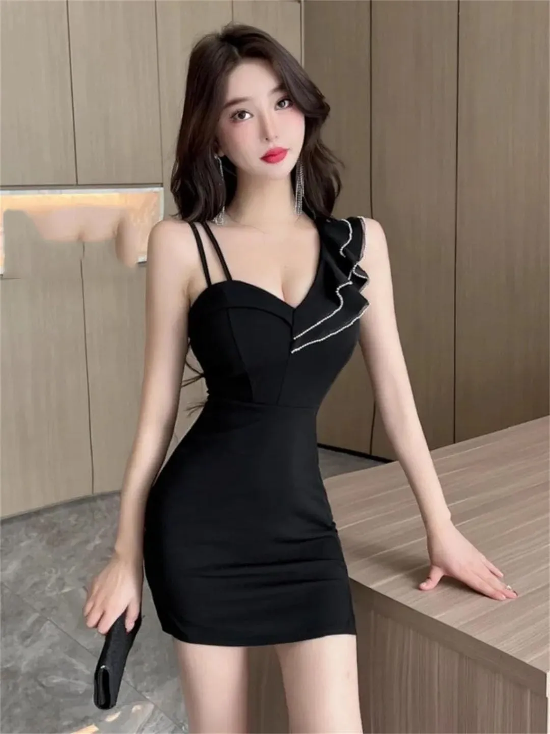 Women Dress Sexy Asymmetrical Ruffled Edge Patchwork Waist Tight Split Night Party Short Dresses