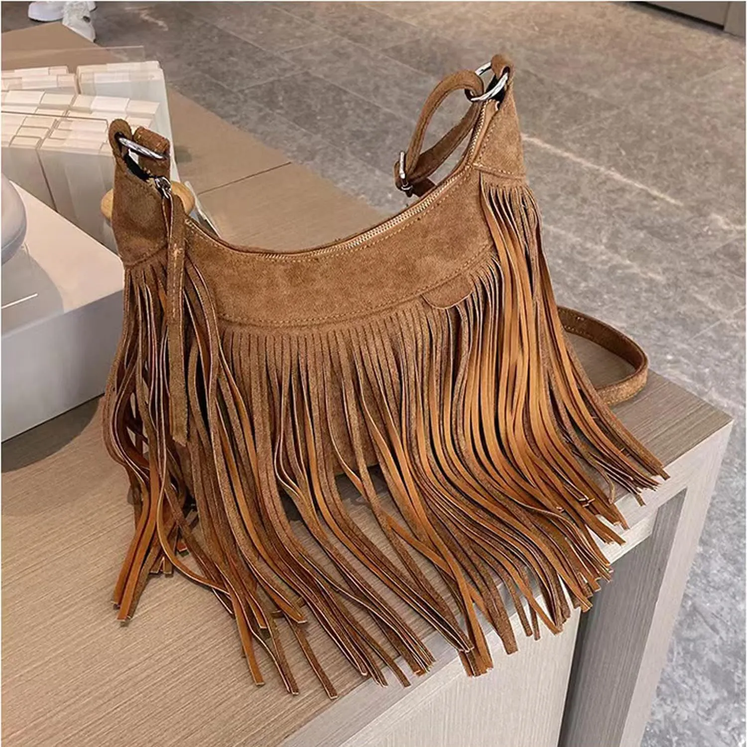 Women Fashion Fringe Purse Crossbody Bags Vegan Suede Hippie Tassel Hobo Shoulder Bag Vintage Handbags