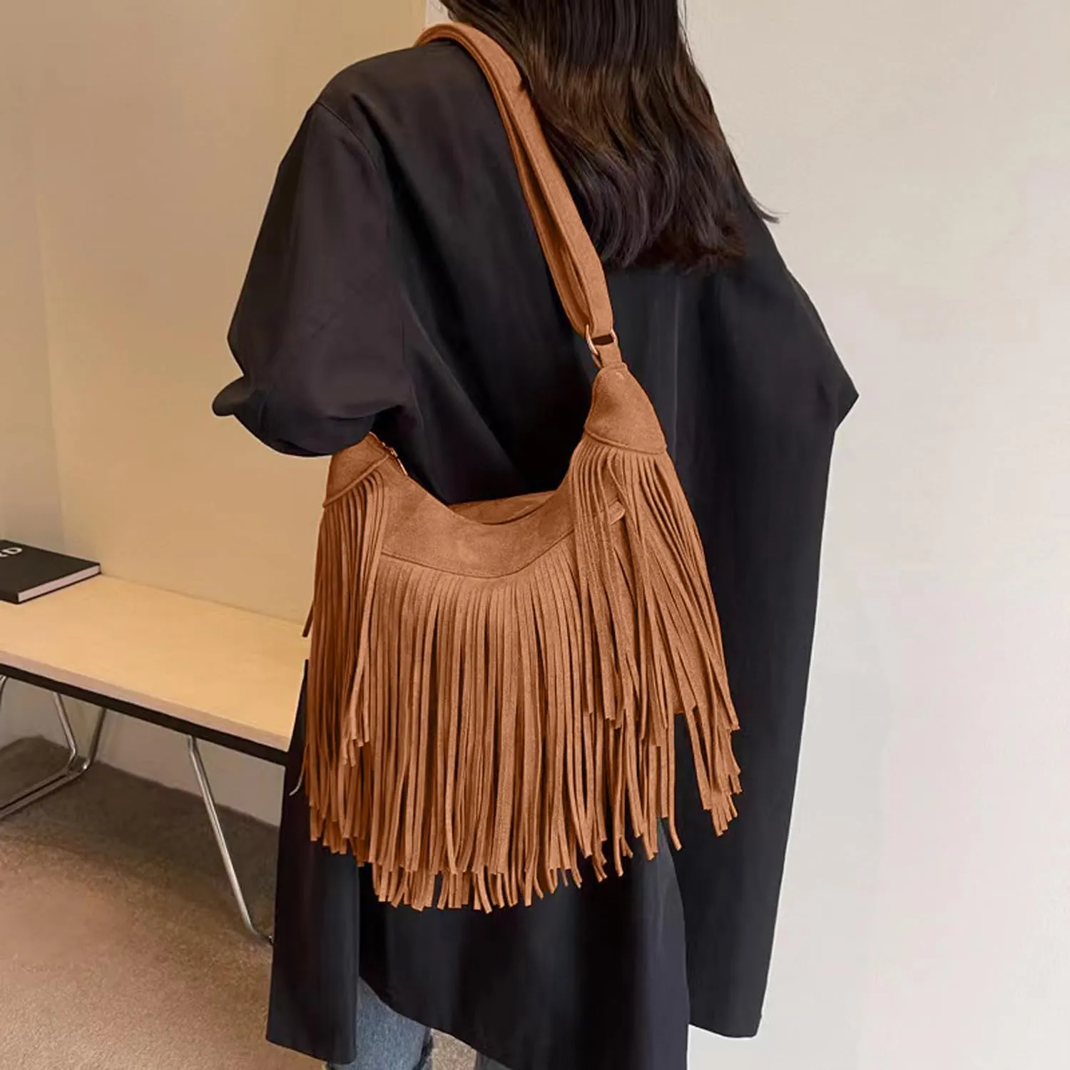 Women Fashion Fringe Purse Crossbody Bags Vegan Suede Hippie Tassel Hobo Shoulder Bag Vintage Handbags